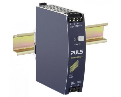 Puls CD5.242 PULS CD5.242 is a power supply unit designed for DIN rail mounting, featuring an aluminium housing. It operates within an ambient air temperature range of -25 to +70°C and has a net width of 32 mm. The unit consumes 2.75A current at a 48Vdc input to deliver a full 24Vdc output at 5A, with a peak inrush current of 0.8A. It boasts an efficiency of 0.903 at a 24Vdc, 5A input. The dimensions are W32mm x H124mm x D102mm. It includes a 670ms start-up delay and an 80ms rise time under nominal input with a constant full current load. The CD5.242 offers protection against output overvoltage, short circuits, and allows for series or parallel operation for increased output power or redundancy. It is resistant to back-feeding loads up to 30V and includes reverse polarity protection. Power dissipation losses are 12.9W at a 48Vdc input with a 24V output load at 5A. The output stage capacitance is 2200 µF. Its electrical durability ranges from 39,000 to 181,000 hours depending on conditions. The ripple is 50mVpp from 20Hz to 20MHz. This PSU/DC/DC-Converter supports a 20% power reserve and is designed with ATEX approval for galvanic isolation. It features screw-clamp connections and accepts a supply voltage of 39Vdc-57Vdc (48Vdc nominal), with a short-term tolerance down to 30.5-36Vdc for up to 60 seconds. The rated current is 6A at 24Vdc in temperatures up to 45°C, with derating applied up to +70°C. The rated power is 144W in ambient temperatures less than 45°C and 120W below 60°C. The output voltage is adjustable between 23-28Vdc, with a 500mV turn-ON overshoot, and it has a hold time of 5.6ms at a 48Vdc input.