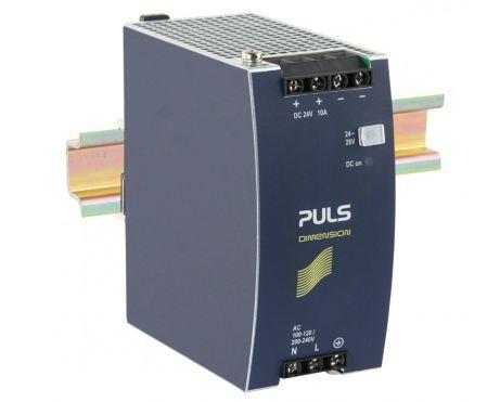 Puls CS10.241 PULS CS10.241 is a DIN rail mounting power supply unit encased in an aluminium housing, designed for a single-phase network. It operates within an ambient air temperature range of -25 to +70°C and supports a supply voltage range of 85Vac-132Vac / 184Vac-264Vac with auto-selection, featuring an 80Vac turn-ON voltage and a 75Vac shutdown voltage. The unit provides an adjustable output voltage of 24Vdc-28Vdc, with a rated current of 12A at an ambient temperature of less than 45°C and 10A at less than 60°C for 24Vdc, and slightly different ratings for 28Vdc. It has a rated power of 288W at less than 45°C ambient temperature and 240W at less than 60°C. The CS10.241 exhibits a current consumption of 2.23A at 230Vac input for full 24Vdc output, with varying consumption rates at 120Vac and 100Vac inputs, and a peak inrush current of 10A across all input voltages. It features an efficiency of up to 0.916 depending on the input voltage, with dimensions of W60mm x H124mm x D117mm. The unit includes a time delay of 850ms for start-up and offers protection functions such as output overvoltage protection and overload/short-circuit current protection. It supports series/parallel operation for redundancy and is resistant to back-feeding loads up to 35V. The power dissipation/losses are specified for different input conditions, and the electrical durability varies with operating conditions, reaching up to 334000 hours at 25°C with a 5A output at 230Vac input. The output stage capacitance is 7000µF, and the ripple is maintained at 50mVpp. Connection is facilitated through screw-clamp connections, and the design includes a 20% power reserve with a DC-OK relay contact output.