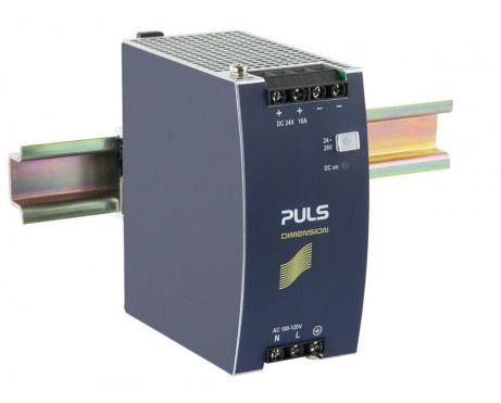 Puls CS10.243 PULS CS10.243 is a DIN rail mounting power supply unit with an aluminium housing designed for a single-phase network. It operates within an ambient air temperature range of 0 to +70°C and has a net width of 60mm. The unit consumes 3.71A with a 120Vac input and 4.32A with a 100Vac input for a full 24Vdc output, featuring a peak inrush current of 108A at 120Vac input and 90A at 100Vac input. It offers an efficiency of 0.913 at 120Vac input and 0.91 at 100Vac input. The dimensions are W60mm x H124mm x D117mm. It includes a 250ms start-up delay for 100-120Vac input, with a rise time of 35ms under nominal input at constant full current load with 0mF load capacitance and 75ms with 10mF load capacitance. The power supply unit is equipped with protection functions including output overvoltage protection, NTC for input inrush current limiting, and overload/short-circuit protection. It supports series/parallel operation for redundancy and is resistant to back-feeding loads up to 35V. Power dissipation/losses are 22.9W at 120Vac input with full output load, and the output stage capacitance is 7000µF. Electrical durability ranges from 27,000 to 281,000 hours depending on conditions. Ripple is maintained at 50mVpp across a 20Hz to 20MHz range. This AC/DC power supply unit, part of the C-Line series, features a 20% power reserve, DC-OK relay contact output, and screw-clamp connections. It accepts a supply voltage of 90Vac-132Vac (47-63Hz) with a turn-ON voltage of 82Vac and a shutdown voltage of 78Vac in steady-state. The rated current is 12A at 24Vdc for ambient temperatures less than 45°C and 10A at 24Vdc for less than 60°C, with an adjustable output voltage of 24Vdc-28Vdc. The hold time is 46ms at 120Vac input.