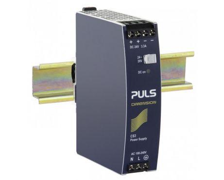 Puls CS3.241 PULS CS3.241 is a DIN rail mounting power supply unit encased in an aluminium housing, designed for a wide range of industrial applications. It operates within an ambient air temperature range of -25 to +70°C. The unit has a net width of 32mm and dimensions of W32mm x H124mm x D102mm. It features screw-clamp connections for secure installation and is capable of being powered by either a single-phase AC supply from 85Vac to 264Vac (with specific nominal voltages listed) or a DC supply from 88Vdc to 375Vdc. The CS3.241 delivers a rated current of 3.3A at 24Vdc and 2.7A at 28Vdc, with an adjustable output voltage range of 24Vdc to 28Vdc. It has a rated power of 80W and includes protection functions such as output overvoltage protection, NTC for input inrush current limiting, and overload/short-circuit protection. The unit supports series or parallel operation for redundancy, ensuring higher system availability. It also features a DC-OK relay contact output, indicating the operational status. The power supply's efficiency varies with input voltage, achieving up to 0.898 at 230Vac input. It has a start-up delay of 95ms and a rise time that varies depending on the input and load capacitance. The CS3.241 is designed for electrical durability, with operational lifespans detailed for various conditions, and includes a capacitance of 1450µF at the output stage.