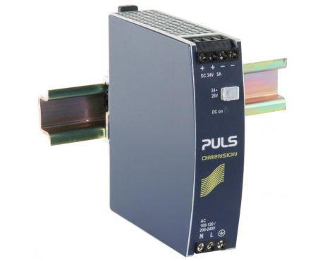 Puls CS5.241-C1 PULS CS5.241-C1 is a DIN rail mounting power supply unit with an aluminium housing designed for a wide range of industrial applications. It operates within an ambient air temperature range of -25 to +70°C and offers various current consumption rates depending on the input voltage: 1.23A at 230Vac, 2A at 120Vac, and 2.33A at 100Vac, with a peak inrush current of 10A across all input voltages. The unit boasts an efficiency of 0.902 at 230Vac, 0.894 at 120Vac, and 0.888 at 100Vac. Its printed circuit board is conformal coated, enhancing its resistance to harsh environments. The dimensions are W32mm x H124mm x D117mm. It features a start-up delay of 740-900ms and rise times of 8ms and 25ms under different load capacitances. Protection functions include output overvoltage protection, active input inrush current limiter, and overload/short-circuit current protection, with capabilities for series/parallel operation for redundancy. The unit can handle back-feeding loads up to 35V without malfunctioning. Power dissipation/losses are 13.2W and 14.5W for 230Vac and 120Vac inputs, respectively, at full output load. The output stage capacitance is 1800µF. Electrical durability varies with conditions, reaching up to 408000 hours at 25°C and 2.5A output with a 230Vac input. The ripple is maintained at 50mVpp. This AC/DC power supply unit, part of the C-Line series, includes a 20% power reserve, DC-OK relay contact output, and screw-clamp connections. It supports a supply voltage range of 85Vac-132Vac / 184Vac-264Vac with auto-selection and features rated currents of 6A and 5A at 24Vdc under different ambient temperatures, with a rated power of 144W at less than 45°C ambient temperature. The output voltage is adjustable between 24Vdc and 28Vdc, with a hold time of 78ms and 80ms at 230Vac and 120Vac inputs, respectively.