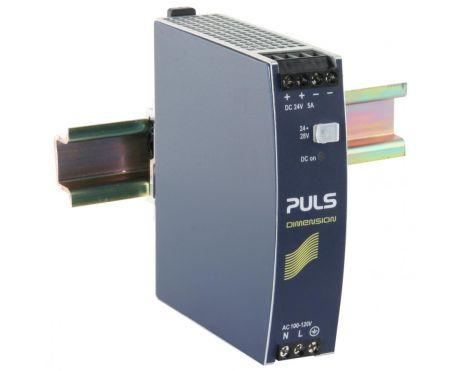 Puls CS5.243 PULS CS5.243 is a DIN rail mounting power supply unit encased in an aluminium housing, designed for a single-phase network. It operates within an ambient air temperature range of -10 to +70°C and has a net width of 32mm. The unit consumes 1.88A with a 120Vac input and 2.23A with a 100Vac input for a full 24Vdc output, featuring a peak inrush current of 56A at 120Vac and 47A at 100Vac. It boasts an efficiency of 0.9 at 120Vac input and 0.895 at 100Vac input. The dimensions are W32mm x H124mm x D117mm. It has a 120ms start-up delay and a rise time of 8ms under nominal input with a constant full current load without load capacitance, and 25ms with 5mF load capacitance. The CS5.243 includes protection functions such as output overvoltage protection, NTC for input inrush current limiting, and overload/short-circuit protection. It supports series or parallel operation for redundancy and is resistant to back-feeding loads up to 35V. Power dissipation is 13.5W at full output load with a 120Vac input, and the output stage capacitance is 1800µF. Its electrical durability ranges from 27,000 to 363,000 hours depending on the conditions. The ripple is 50mVpp, and it features a 20% power reserve. Part of the C-Line series, it includes a DC-OK relay contact output and screw-clamp connections. The supply voltage ranges from 90Vac to 132Vac, with a rated current of 6A at 24Vdc under 45°C and a rated power of 144W under 45°C. The output voltage is adjustable between 24Vdc and 28Vdc, with a 400mV turn-ON overshoot and a hold time of 78ms at 120Vac input.