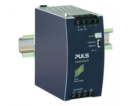 Puls CT10.241-C1 PULS CT10.241-C1 is a power supply unit designed for DIN rail mounting, featuring an aluminium housing. It operates within an ambient air temperature range of -25 to +70°C and has a current consumption of 0.6A with a 3 x 480Vac input for full 24Vdc output, and 0.7A with a 3 x 400Vac input for full 24Vdc output, with a peak inrush current of 10A for both input conditions. The unit boasts an efficiency of 0.929 and 0.928 for 3x480Vac and 3x400Vac inputs respectively. It is designed to resist harsh environments with its conformal coated PCB. The dimensions are W62mm x H124mm x D117mm. It features a 90ms start-up delay, a 40ms rise time under nominal input with a constant full current load and 0mF load capacitance, and an 85ms rise time under the same conditions with 10mF load capacitance. The power supply unit includes protection functions such as output overvoltage protection and is capable of series/parallel operation for increased output power. It has a power dissipation/loss of 18.3W and 18.6W for 3x480Vac and 3x400Vac inputs respectively, with an output stage capacitance of 6500µF. The electrical durability ranges from 36,000 to 410,000 hours depending on the operating conditions. The ripple is 50mVpp (20Hz...20MHz; 50Ω). This AC/DC power supply unit/converter offers a 20% power reserve and is part of the CT-series, featuring a conformal coating, 20% power reserve, and a DC-OK relay contact output. It utilizes screw-clamp connections and supports a supply voltage of 323Vac-576Vac with a wide range, 3-phase input. The rated current is 12A at 24Vdc from -25 to +45°C and 7.5A at 24Vdc from -25 to +70°C, with a rated power of 240W. The output voltage is adjustable between 24Vdc and 28Vdc, and the hold time is 54ms at 3x480Vac input and 34ms at 3x400Vac input.