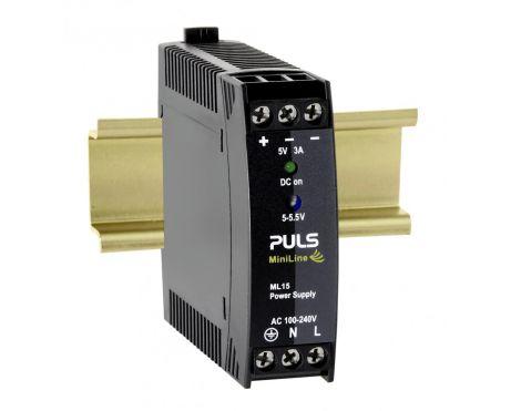 Puls ML15.051 PULS ML15.051 is a power supply unit (PSU) / converter designed for DIN rail mounting. It operates within an ambient air temperature range of -10 to +70°C and adheres to NEC Class 2 design specifications. This unit provides a rated current of 3A at 5Vdc, with screw-clamp connections for secure installation. It supports a wide range of supply voltages from 85Vac to 264Vac (with specific nominal values listed) at 47-63Hz, featuring a 59Vac turn-ON voltage and a 54Vac shutdown voltage. Additionally, it accepts DC supply voltages between 88Vdc and 375Vdc. The ML15.051 is housed in a PC / ABS blend, measuring 22.5mm in width, 75mm in height, and 91mm in depth. It is compatible with single-phase (1AC) or DC networks, offering a rated power of 15W and an adjustable output voltage range of 5Vdc to 5.5Vdc. The unit includes an NTC for input inrush current limiting, achieves efficiencies of 0.772, 0.768, and 0.758 at 230Vac, 120Vac, and 100Vac inputs respectively, and has a current consumption with a peak max inrush of 16A at 120Vac input and 31A at 230Vac input. It features a 630ms start-up delay and a 10ms rise time at nominal input, with power dissipation/losses rated at 4.5W. The electrical durability of the ML15.051 is rated at a minimum of 93,000 hours at +40°C, and it maintains a ripple of 50mVpp across a frequency range of 20Hz to 20MHz at 50Ω, with an output stage capacitance of 4800µF.