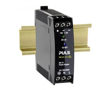 Puls ML15.121 PULS ML15.121 is a power supply unit (PSU) / converter designed for AC/DC applications with DIN rail mounting. It operates within an ambient air temperature range of -10 to +70°C and is classified as NEC Class 2. This unit provides a rated current of 1.3A at 12Vdc and features screw-clamp connections for secure installation. It supports a wide supply voltage range from 85Vac to 264Vac (with specific nominal values listed) and from 88Vdc to 375Vdc, accommodating both single-phase (1AC) or DC networks. The ML15.121 measures 22.5mm in width, 75mm in height, and 91mm in depth, housed in a PC / ABS blend for durability. It delivers an adjustable output voltage between 12Vdc and 15Vdc, with a rated power of 15W. Protection is provided by an NTC (input inrush current limiter), and the unit boasts an efficiency rate of up to 0.83 depending on the input voltage. It has a maximum inrush current consumption of 31A (at 230Vac input), a start-up delay of 780ms, and a rise time of 12ms. Power dissipation is calculated at 3.2W, with an electrical durability of 125,000 hours at +40°C. The output stage features a ripple of 75mVpp and a capacitance of 1650µF.