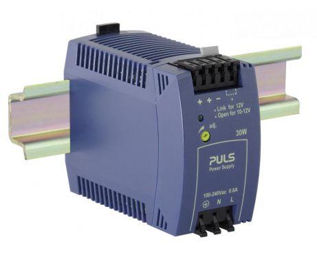 Puls ML30.102 PULS ML30.102 is a power supply unit (PSU) / converter designed for AC/DC applications with DIN rail mounting. It operates within an ambient air temperature range of -10 to +70°C and features a NEC Class 2 design for very low output noise. The unit provides a rated current of 2.5A at 12Vdc and utilizes spring-clamp connections for connectivity. It supports a wide supply voltage range from 85Vac to 264Vac (with specific nominal values across 100Vac to 240Vac at 47-63Hz, including a 46Vac turn-ON voltage and a 44Vac shutdown voltage) and from 88Vdc to 375Vdc (with nominal values including 100Vdc to 250Vdc). The ML30.102 is housed in a PC / ABS blend and is suitable for single-phase (1AC) or DC networks. It measures 45mm in width, 75mm in height, and 91mm in depth. The rated power is 30W, and the output voltage is adjustable between 10-12Vdc, with a 250mV turn-ON overshoot. It includes protection functions such as NTC for input inrush current limiting. The efficiency is rated at 0.84 with a 230Vac input, and it has a current consumption of 17A max. inrush at 120Vac input and 35A peak max. inrush at 230Vac input. Power dissipation/losses are calculated at 5.8W, and the ripple is specified at 10mVpp over a frequency range of 20Hz to 20MHz at 50Ω.