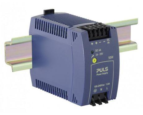 Puls ML50.100 PULS ML50.100 is a power supply unit (PSU) / converter designed for AC/DC applications with DIN rail mounting. It operates within an ambient air temperature range of -10 to +70°C and features a NEC Class 2 DC-OK relay contact output. The unit provides a rated current of 2.1A at 24Vdc and utilizes spring-clamp connections for connectivity. It supports a wide supply voltage range from 85Vac to 264Vac (with specific nominal values including 100Vac, 110Vac, 120Vac, 200Vac, 208Vac, 220Vac, 230Vac, 240Vac; 47-63Hz), a turn-ON voltage of 65Vac, and a shutdown voltage of 55Vac. Additionally, it can operate with DC supply voltages between 82Vdc and 380Vdc, with nominal values such as 100Vdc, 110Vdc, 120Vdc, 127Vdc, 200Vdc, 220Vdc, and 250Vdc. The PSU's housing is made from a PC / ABS blend, and it is compatible with single-phase (1AC) or DC networks. Its dimensions are W45mm x H75mm x D91mm, and it has a net width of 45 mm. The rated power is 50W, and the output voltage is adjustable between 24Vdc and 28Vdc, with a 400mV turn-ON overshoot. It features protection functions including an NTC (input inrush current limiter) and boasts efficiencies of 0.89 (230Vac input), 0.884 (120Vac input), and 0.875 (100Vac input). The current consumption can reach up to 17A max. inrush at 120Vac input and 35A peak max. inrush at 230Vac input. The PSU has a 32ms start-up delay for 100-230Vac input, a rise time of 33-48ms under nominal input with a constant full current load and 0mF load capacitance, and a rise time of 45-60ms under the same conditions with 2mF load capacitance. Power dissipation/losses are calculated at 6.2 W, and the electrical durability is rated at a minimum of 54kh (54,000 hours) at +40°C. The ripple is specified as 50mVpp (20Hz...20MHz; 50Ω), and the output stage capacitance is 1600 µF.