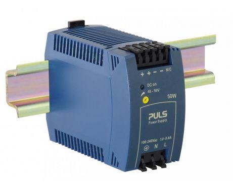 Puls ML50.105 PULS ML50.105 is a power supply unit (PSU) / converter designed for AC/DC applications with DIN rail mounting. It operates within an ambient air temperature range of -10 to +70°C and is classified under NEC Class 2 design. The unit provides a rated current of 1.05A at 48Vdc with a power derating from 1.3W at +60°C to +70°C. It features spring-clamp connections for secure and reliable connectivity. The supply voltage ranges from 85Vac to 264Vac for AC input (with specific nominal values including 100Vac, 110Vac, 120Vac, 200Vac, 208Vac, 220Vac, 230Vac, and 240Vac at a frequency of 47-63Hz, a turn-ON voltage of 65Vac, and a shutdown voltage of 55Vac) and from 88Vdc to 375Vdc for DC input (with nominal values such as 100Vdc, 110Vdc, 120Vdc, 127Vdc, 200Vdc, 220Vdc, and 250Vdc). The housing is made from a PC / ABS blend, ensuring durability within its specified environment. This unit is compatible with single-phase (1AC) or DC networks, has a net width of 45 mm, and offers a rated power of 50W. The output voltage is adjustable between 48Vdc and 56Vdc, with a 400mV turn-ON overshoot. It boasts an efficiency of 0.9 with a 230Vac input, a maximum inrush current consumption of 17A at 120Vac input and 35A peak at 230Vac input, and includes a 32s start-up delay for 100-230Vac input with a 48ms rise time under nominal input conditions. Power dissipation/losses are rated at 6W, with a ripple of 200mVpp across a frequency range of 20Hz to 20MHz at 50Ω, and an output stage capacitance of 1600 µF.