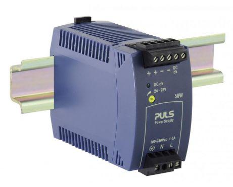 Puls ML50.111 PULS ML50.111 is a power supply unit (PSU) / converter designed for AC/DC applications with DIN rail mounting. It operates within an ambient air temperature range of -10 to +70°C and features a plug connector NEC Class 2 optimized for parallel use, including a DC-OK relay contact output. The unit has a rated current of 2.1A at 24Vdc and utilizes screw-clamp connections for secure installation. It supports a wide supply voltage range from 85Vac to 264Vac (with specific nominal values across 100Vac to 240Vac; 47-63Hz), including a 65Vac turn-ON voltage and a 55Vac shutdown voltage, as well as a DC supply voltage range from 88Vdc to 375Vdc. The ML50.111 is housed in a PC / ABS blend, measuring 45mm in width, 75mm in height, and 91mm in depth. It is compatible with single-phase (1AC) or DC networks, has a rated power of 50W, and provides an adjustable output voltage from 24Vdc to 28Vdc with a 400mV turn-ON overshoot. Protection is ensured by an NTC (input inrush current limiter), and the unit boasts an efficiency of 0.885 at 230Vac input. Maximum current consumption is 17A at 120Vac input and 35A peak at 230Vac input, with power dissipation/losses at 6.8W and a ripple of 50mVpp across 20Hz to 20MHz at 50Ω. The output stage capacitance is 1600µF.