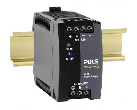 Puls ML60.121 PULS ML60.121 is a power supply unit (PSU) / converter designed for AC/DC applications with DIN rail mounting. It operates within an ambient air temperature range of -10 to +70°C and adheres to NEC Class 2 design specifications. This unit provides a rated current of 4.5A at 12Vdc and features screw-clamp connections for secure installation. It supports a wide supply voltage range from 85Vac to 264Vac (with specific nominal values across 100Vac to 240Vac at 47-63Hz, including a 75Vac turn-ON voltage and a 65Vac shutdown voltage) and 88Vdc to 375Vdc (with nominal values from 100Vdc to 250Vdc), making it versatile for various electrical environments. The ML60.121 measures 45mm in width, 75mm in height, and 91mm in depth, housed in a PC / ABS blend for durability. It is compatible with single-phase (1AC) or DC networks, offering a rated power of 54W and an adjustable output voltage range from 12Vdc to 15Vdc, with a 200mV turn-ON overshoot. Protection is provided by an NTC (input inrush current limiter), and the unit boasts an efficiency of 0.872 at 230Vac input, 0.853 at 120Vac input, and 0.835 at 100Vac input. Current consumption peaks at 16A max inrush (at 120Vac input) and 32A peak max inrush (at 230Vac input), with a 90-120ms start-up delay and a 40-50ms/90-110ms rise time under nominal input conditions. Power dissipation/losses are calculated at 7.9 W, with an electrical durability of 56,000 hours at +40°C. The output stage ripple is 50mVpp (20Hz to 20MHz; 50Ω), and the capacitance at the output stage is 3000µF.