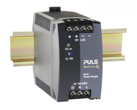 Puls ML60.122 PULS ML60.122 is a power supply unit (PSU) / converter designed for AC/DC applications with DIN rail mounting. It operates within an ambient air temperature range of -40 to +70°C and is designed for NEC Class 2 operation in cold environments down to -40°C. This unit has a rated current of 4.5A at 12Vdc and utilizes screw-clamp connections for connectivity. It supports a wide range of supply voltages from 85Vac to 264Vac (with specific nominal values listed) and from 88Vdc to 375Vdc, featuring a turn-ON voltage of 75Vac and a shutdown voltage of 65Vac. The ML60.122 measures 45mm in width, 75mm in height, and 91mm in depth, housed in a PC / ABS blend. It is compatible with single-phase (1AC) or DC networks, has a rated power of 54W, and offers an adjustable output voltage range of 12Vdc to 15Vdc with a 200mV turn-ON overshoot. The unit's protection functions include an active input inrush current limiter. Efficiency rates vary based on input voltage, with 0.876 at 230Vac, 0.858 at 120Vac, and 0.841 at 100Vac. It features a peak current consumption of 6A at 230Vac input, with specific time delays for start-up and rise times under different conditions. Power dissipation is noted at 7.6W, and the electrical durability is rated at a minimum of 56,000 hours at +40°C. The ripple is specified at 50mVpp across a 20Hz to 20MHz range with a 50Ω load, and the output stage capacitance is 3000µF.