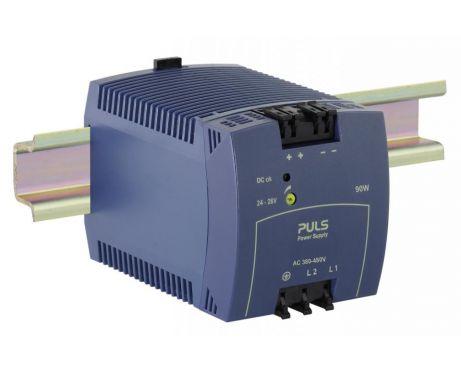 Puls ML90.200 PULS ML90.200 is a power supply unit (PSU) / converter designed for AC/DC applications with DIN rail mounting. It operates within an ambient air temperature range of -10 to +70°C and adheres to NEC Class 2 design specifications. This unit offers a rated current of 3.75A at 24Vdc with a derating of 2W from +60°C to +70°C. It features spring-clamp connections for secure and efficient connectivity. The supply voltage accommodates a wide range from 323Vac to 576Vac, supporting various nominal voltages such as 380Vac, 400Vac, 415Vac, 440Vac, 480Vac, 500Vac, and 525Vac, with a frequency range of 47-63Hz and a 2-phase input. The dimensions of the ML90.200 are W72.5mm x H75mm x D103mm, constructed from a PC / ABS blend housing for durability. It is designed for a 2-phase AC network, with a net width of 72.5 mm. The rated power is 90W, and the output voltage is adjustable between 24Vdc and 28Vdc. Protection functions include an NTC for input inrush current limiting. The efficiency rates are 0.89 at 480Vac input and 0.895 at 400Vac input. Current consumption can reach up to 36A max inrush at 2x400Vac input and 45A peak max inrush at 2x480Vac input. Power dissipation/losses are calculated at 10.5 W, with a ripple of 50mVpp across a frequency range of 20Hz to 20MHz at 50Ω.