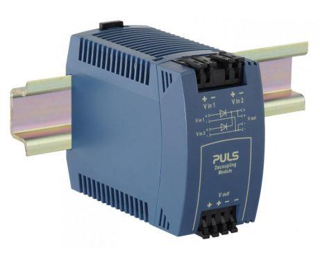 Puls MLY02.100 PULS MLY02.100 is a redundancy unit featuring a dual-input redundancy module with 2 inputs and 1 output, designed for DIN rail mounting. It operates within an ambient air temperature range of -40 to +70°C using diode technology. The unit has a rated current of 10A at 48Vdc, with a derating to 0.25A for temperatures between +60°C and +70°C. Connection is facilitated through spring-clamp connections. The dimensions of the MLY02.100 are 45mm in width, 75mm in height, and 91mm in depth. It supports a supply voltage range from 9Vdc to 60Vdc, accommodating 12Vdc, 24Vdc, and 48Vdc systems, with an output voltage range of 12-48Vdc. The unit is equipped with short-circuit protection, featuring a 16A threshold at 6V. Power dissipation at nominal load is 4W, and it boasts an electrical durability of a minimum of 218,000 hours at +40°C. Ripple is specified at 800mVpp over a frequency range of 20Hz to 20MHz at 50Ω.