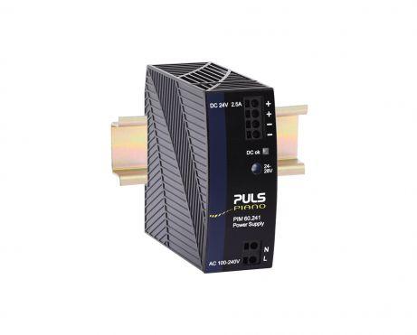 Puls PIM60.241 PULS PIM60.241 is a power supply unit that functions as an AC/DC PSU/converter with DIN rail mounting. It operates within an ambient air temperature range of -10 to +60°C, with linear derating up to +70°C. The unit features a DC-OK relay contact output and provides a rated current of 3.8A at 24Vdc within -10 to +60°C and 2.8A at 24Vdc at +70°C. It is equipped with push-in spring connections for connectivity and supports a supply voltage range of 90Vac-264Vac across various nominal voltages from 100Vac to 240Vac at 47-63Hz, with specific input overvoltage and turn-on/shutdown voltage specifications. The PIM-series unit measures W36mm x H90mm x D91mm, has an IP20 degree of protection, and is housed in a polycarbonate (PC) material. Designed for single-phase network operation, it has a net width of 36 mm and offers a rated power of 90W at -10 to +60°C, with a linear derating to 67.2W at +70°C. The output voltage is adjustable between 24Vdc and 28Vdc, featuring protection functions against overvoltage and overload/short-circuit conditions. It showcases an efficiency of 0.938 at 230Vac input and 0.921 at 120Vac input, with specific current consumption rates under various conditions. The unit has a 50ms start-up delay, specified rise times, and hold times at different input voltages, along with power dissipation/losses and electrical durability ratings under various conditions. The ripple is noted at 100mVpp, and the output stage capacitance is 1600 µF.