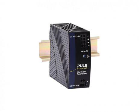 Puls PIM90.241 PULS PIM90.241 is a power supply unit designed for AC/DC conversion with a DIN rail mounting option. It operates within an ambient air temperature range of -10 to +60°C, with linear derating up to +70°C. This unit features a DC-OK relay contact output and provides a rated current of 3.8A at 24Vdc within the -10 to +60°C range, and 2.8A at 24Vdc at +70°C. It utilizes screw-clamp connections for secure installation and supports a supply voltage range of 90Vac to 264Vac across various nominal values (100Vac to 240Vac) at 47-63Hz, with an input overvoltage tolerance of 264-300Vac for up to 500ms, a turn-ON voltage of 55Vac, and a shutdown voltage of 47Vac. The PIM-series unit measures W36mm x H90mm x D91mm, has an IP20 degree of protection, and is housed in a polycarbonate (PC) material. It is designed for single-phase (1AC) networks, with a net width of 36mm. The rated power is 90W at temperatures between -10 and +60°C, and 67.2W at +70°C, with output voltage adjustable between 24Vdc and 28Vdc. Protection features include output overvoltage protection and overload/short-circuit protection. The unit is not suitable for series or parallel operation and can handle back-feeding loads up to 35V without malfunctioning. It achieves an efficiency of 0.938 at 230Vac input and 0.921 at 120Vac input, with a current consumption of 0.95A at 230Vac input at full output. The start-up delay is 50ms for 100-230Vac input, with a hold time of 119ms at 230Vac input. Power dissipation is 6W at 230Vac input with a full output load. Electrical durability is rated at up to 815000 hours at 25°C with 1.9A load and 1AC 230Vac input. The output stage capacitance is 1600µF, and the ripple is maintained at 100mVpp across a 20Hz to 20MHz range with a 50Ω load.