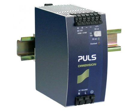 Puls QS10.121 PULS QS10.121 is a power supply unit designed for AC/DC conversion with a 50% power reserve. It features DIN rail mounting and operates within an ambient air temperature range of -25 to +70°C. The unit is equipped with a DC-OK relay contact output and offers a rated current of 15A at 12Vdc and 13.5A at 15Vdc, utilizing spring-clamp connections for connectivity. It supports a supply voltage range of 85Vac-264Vac for AC and 88Vdc-188Vdc for DC, with specific nominal values across a wide spectrum. The QS10.121, part of the Q-series, measures 60mm in width, 124mm in height, and 117mm in depth, housed in an aluminium casing. It is compatible with single-phase (1AC) or DC networks, delivering a rated power of 203W at 15V, 180W at 12V, and can momentarily supply up to 270W for 4 seconds. The output voltage is adjustable between 12Vdc and 15Vdc, featuring comprehensive protection functions including overvoltage and overload/short-circuit protection. The unit allows for series or parallel operation to increase output power and is designed to handle back-feeding loads without malfunctioning. Efficiency rates vary with input voltage, achieving up to 0.918 at 230Vac. It exhibits a peak current consumption of 10A, with a start-up delay between 340-800ms and a hold time of 32ms at nominal input conditions. Power dissipation stands at approximately 16.1W to 16.7W under full load conditions, and the electrical durability ranges significantly based on operating conditions, with up to 215000 hours at 25°C and 30A output with 1AC 230Vac input. The output stage capacitance is 7000µF, and ripple is maintained at 50mVpp across a 20Hz to 20MHz range.