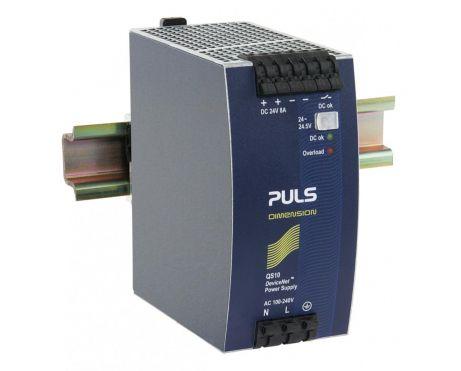 Puls QS10.DNET PULS QS10.DNET is a power supply unit designed for AC/DC conversion with a main function to supply power efficiently. It supports DIN rail mounting and operates within an ambient air temperature range of -25 to +70°C. This unit is a NEC Class 1 DeviceNet approved with a DC-OK relay contact output. It offers a rated current of 8A at 24Vdc and utilizes spring-clamp connections for connectivity. The supply voltage ranges from 85Vac to 264Vac across various nominal values and frequencies, with specific turn-ON and shutdown voltages detailed for both steady-state and dynamic conditions. Additionally, it can operate with a DC supply voltage between 88Vdc and 188Vdc. The QS10.DNET, part of the Q-series, measures 60mm in width, 124mm in height, and 117mm in depth, and is encased in an aluminium housing. It is compatible with single-phase (1AC) or DC networks, has a rated power of 192W, and provides an adjustable output voltage between 24Vdc and 24.5Vdc. Protection functions include output overvoltage protection and mechanisms against overload or short-circuit conditions. It supports series or parallel operation for increased output power and is designed to handle back-feeding loads without malfunctioning. The unit boasts high efficiency rates varying with input voltage and has specific current consumption, time delay, hold time, power dissipation/losses, electrical durability, ripple, and capacitance specifications that ensure its performance and durability under various operational conditions.