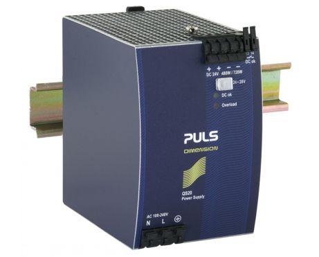 Puls QS20.241-A1 PULS QS20.241-A1 is a power supply unit designed for DIN rail mounting, featuring AC/DC conversion with a 50% power reserve. It operates within an ambient air temperature range of -25 to +70°C and boasts ATEX approval and conformal coating for enhanced durability in harsh environments. The unit provides a rated current of 20A at 24Vdc and 17A at 28Vdc, with spring-clamp connections facilitating secure and reliable connectivity. It supports a wide supply voltage range from 85Vac to 264Vac across various nominal values and from 88Vdc to 188Vdc, ensuring flexibility across different power networks. The QS20.241-A1, part of the Q-series, measures 82mm in width, 124mm in height, and 127mm in depth, with an aluminium housing that contributes to its robustness. It delivers a rated power of 480W, with a short-term capacity of 720W for up to 4 seconds, and an adjustable output voltage between 24Vdc and 28Vdc. Protection features include output overvoltage protection and active input inrush current limiting, alongside capabilities for overload, short-circuit protection, and series or parallel operation for increased output power. The unit demonstrates high efficiency rates up to 93.9% depending on the input voltage and is designed for single-phase or DC networks. Electrical durability is rated up to 200,000 hours at 25°C with a 20A output, and the power supply unit includes a comprehensive protection function suite to ensure stable operation under various conditions.