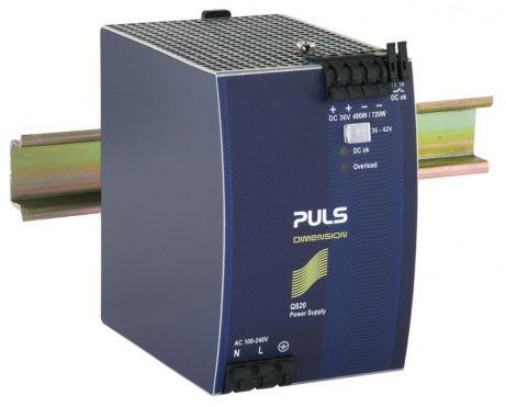 Puls QS20.361 PULS QS20.361 is a power supply unit designed for AC/DC conversion with a 50% power reserve, suitable for DIN rail mounting. It operates within an ambient air temperature range of -25 to +70°C and features a DC-OK relay contact output for monitoring purposes. The unit provides a rated current of 13.3A at 36Vdc and 11.4A at 42Vdc, with spring-clamp connections facilitating secure and reliable connectivity. It supports a wide supply voltage range from 85Vac to 264Vac across various nominal values and from 88Vdc to 188Vdc, ensuring flexibility across different power networks. The QS20.361, part of the Q-series, measures 82mm in width, 124mm in height, and 127mm in depth, housed in a durable aluminium casing. It delivers a rated power of 480W, with a short-term capacity of 720W for up to 4 seconds, and an adjustable output voltage between 36Vdc and 42Vdc. Protection features include output overvoltage protection and active input inrush current limiting, alongside capabilities for overload and short-circuit management. The unit is designed for both single-phase AC or DC networks and offers high efficiency rates up to 0.94 depending on the input voltage. It also allows for series or parallel operation to increase output power, with specific attention to maintaining uniform output voltage across paralleled units. The QS20.361 exhibits a low power dissipation, high electrical durability across various conditions, and minimal ripple, alongside a significant output capacitance of 8500µF, ensuring stable and consistent power supply performance.