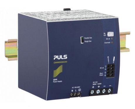 Puls QS40.361 PULS QS40.361 is a power supply unit designed for AC/DC conversion with a 50% power reserve. It features DIN rail mounting and operates within an ambient air temperature range of -25 to +70°C. This unit is ATEX approved and includes a DC-OK relay contact output. It provides a rated current of 26.7A at 36Vdc and 22.9A at 42Vdc, with screw-clamp connections for installation. The supply voltage ranges from 85Vac to 264Vac across various nominal voltages, with specific turn-ON and shutdown voltages. Part of the Q-series, it measures 125mm in width, 124mm in height, and 127mm in depth, housed in aluminium. Designed for single-phase networks, it offers a rated power of 960W, extendable to 1440W for short-term applications, and an adjustable output voltage between 36Vdc and 42Vdc. Protection features include output overvoltage protection and active input inrush current limiting, with capabilities for overload, short-circuit protection, and series/parallel operation. Efficiency rates vary with input voltage, and it has specific current consumption, time delay, hold time, power dissipation, and electrical durability metrics. The ripple is 130mVpp, and the output stage capacitance is 4700µF.