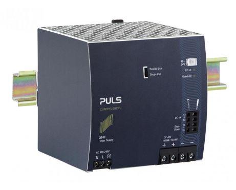 Puls QS40.484 PULS QS40.484 is a power supply unit designed for DIN rail mounting, featuring AC/DC conversion with a 50% power reserve. It operates within an ambient air temperature range of -25 to +70°C and offers a design that includes a DC-OK relay contact output. The unit provides a rated current of 20A at 48Vdc and 17.8A at 54Vdc, with a power derating applicable from 24W at +60°C to +70°C. Connection is facilitated through screw-clamp connections, and it supports a supply voltage range of 180Vac to 264Vac, accommodating various nominal voltages within this range at a frequency of 47-63Hz. The QS40.484, part of the Q-series, measures 125mm in width, 124mm in height, and 127mm in depth, housed in an aluminium casing. It is designed for single-phase network operation and delivers a rated power of 960W, with a short-term capacity of 1440W for up to 4 seconds. The output voltage is adjustable between 48Vdc and 54Vdc. Protection features include output overvoltage protection and overload/short-circuit protection, with capabilities for series or parallel operation to increase output power. Efficiency is rated at 0.95 with a 230Vac input, and the unit exhibits a peak current consumption of 18A. Start-up and rise times are specified as 750ms and 18-35ms respectively, with a hold time of 30ms at 230Vac input. Power dissipation losses are detailed for both 230Vac and 120Vac inputs, and the electrical durability spans from 65,000 to 345,000 hours under various conditions. Ripple is maintained at 150mVpp across a 20Hz to 20MHz range, with an output stage capacitance of 3700µF.