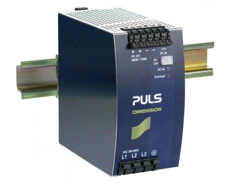 Puls QT20.241-C1 PULS QT20.241-C1 is a power supply unit designed for DIN rail mounting, featuring AC/DC conversion with a 50% power reserve. It operates within an ambient air temperature range of -25 to +70°C and is equipped with a conformal coating for enhanced durability in harsh environments. The unit provides a rated current of 20A at 24Vdc and 17.5A at 28Vdc, with a power derating from 12W at +60°C to +70°C. Connection is facilitated through spring-clamp connections. It supports a wide range supply voltage of 323Vac to 576Vac for 3-phase input, including a broad spectrum of nominal voltages from 380Vac to 525Vac at 47-63Hz. The QT20.241-C1, part of the Q-series, measures 65mm in width, 124mm in height, and 127mm in depth, housed in an aluminium casing. It is designed for a 3-phase network, offering a rated power of 480W and a short-term power of 720W for up to 4 seconds. The output voltage is adjustable between 24Vdc and 28Vdc, with comprehensive protection functions against overvoltage, overload, and short-circuit conditions. Efficiency rates are high at 0.948 and 0.95 for 3x480Vac and 3x400Vac inputs, respectively. The unit exhibits a start-up delay of 290-350ms and a hold time of 22ms, with power dissipation losses calculated at 26.4W for 3x480Vac input and 25.3W for 3x400Vac input under full load. Electrical durability is rated at up to 345000 hours at 25°C with a 10A output and 3AC 400Vac input. The output stage capacitance is 950µF, and the ripple is maintained at 100mVpp across a 20Hz to 20MHz range.