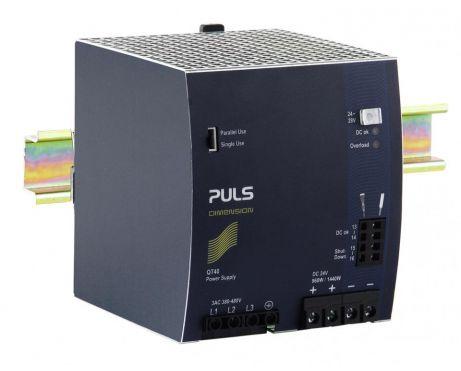 Puls QT40.242 PULS QT40.242 is a power supply unit designed for AC/DC conversion with a 50% power reserve. It supports DIN rail mounting and operates within an ambient air temperature range of -25 to +70°C. This unit features an extended lifetime and includes a DC-OK relay contact output. It provides a rated current of 40A at 24Vdc and 34.3A at 28Vdc, with a derating to 24W between +60°C and +70°C. The QT40.242 utilizes screw-clamp connections and accepts a wide range supply voltage of 323Vac-576Vac across various nominal voltages (380Vac / 400Vac / 415Vac / 440Vac / 480Vac / 500Vac / 525Vac; 47-63Hz) with a 3-phase input. It belongs to the Q-series and is housed in an aluminium casing with dimensions of W110mm x H124mm x D127mm. Designed for a 3-phase network, it has a net width of 110 mm and offers a rated power of 960W (up to 1440W short-term for 4s). The output voltage is adjustable between 24Vdc and 28Vdc. Protection features include output overvoltage protection and active input inrush current limiter, with overload and short-circuit current protection supporting both series and parallel operation. The unit is resistant to back-feeding loads up to 35V. It achieves an efficiency of 0.952 to 0.953 depending on the input voltage, with a peak current consumption of 6A max. inrush. The start-up delay ranges from 500-600s, with a rise time of 35-40ms and a hold time of 25ms. Power dissipation/losses are 47.3W to 48.4W, depending on the input voltage. Electrical durability varies with conditions, reaching up to 475,000 hours at 25°C and 20A output with a 3AC 400Vac input. Ripple is maintained at 100mVpp, and the output stage capacitance is 10200 µF.