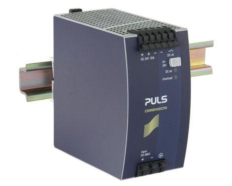 Puls QTD20.241 PULS QTD20.241 is a power supply unit (PSU) and DC/DC-Converter with a 25% power reserve, designed for DIN rail mounting. It operates within an ambient air temperature range of -25 to +70°C and features an intermediate DC-bus and galvanic isolation. The unit provides a rated current of 20A at 24Vdc, 17.5A at 28Vdc, and includes a 12W derating from +60°C to +70°C. Connection is facilitated through spring-clamp connections. As part of the Q-series, it measures W65mm x H124mm x D127mm and requires a supply voltage of 384Vdc to 672Vdc, with specific nominal voltages of 500Vdc, 575Vdc, and 600Vdc. The turn-ON voltage is 450Vdc, and the shutdown voltage is 325Vdc. The housing is made of aluminium, and it is designed for DC networks with a net width of 65 mm. The rated power is 480W at both 24Vdc and 28Vdc, with an adjustable output voltage of 24Vdc to 28Vdc and a 500mV turn-ON overshoot. Protection functions include output overvoltage protection, overload/short-circuit current protection, and resistance to back-feeding loads up to 34V. The unit boasts an efficiency of 0.95 at 600Vdc input, a peak current consumption of 3A, a 35s start-up delay, and rise times of 70ms and 110ms under specified conditions. The hold time is 22ms at 600Vdc input, with power dissipation/losses of 25.5W at full output load. Electrical durability is rated at various hours depending on the operating conditions, with a ripple of 100mVpp and an output stage capacitance of 950µF.