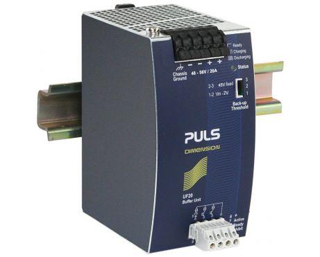 Puls UF20.481 PULS UF20.481 is an Uninterruptible Power Supply (UPS) control module, part of the UF-series, designed as a bfr. module with capacitive storage and features a green status LED. It is housed in aluminium and utilizes spring-clamp connections for connectivity. This module measures W64mm x H124mm x D102mm and operates on a supply voltage range of 38.4Vdc to 60Vdc, with a nominal voltage of 48Vdc. It is rated for a current of 20A (bfr.) and is designed for DIN rail mounting. The UF20.481 can operate in ambient air temperatures ranging from -25 to +70°C and is suitable for DC networks. It includes a visual position indicator for Ready, Buffering, and Inhibit statuses. The module offers protection functions including output overvoltage protection, with typical protection at 58Vdc and a maximum of 60Vdc. Buffer modules can be connected in parallel to increase output ampacity or hold-up time. It provides a fixed output voltage of 48Vdc, boasts an efficiency of 0.99 at 48Vdc input, and offers a hold time of 15ms / 0.15s at a 20A load. Power dissipation/losses are 1.9 W at 24Vdc input with 0A output current. Ripple is specified as 250mVpp at 5A, 400mVpp at 10A, and 600mVpp at 20A, across a frequency range of 20Hz to 20MHz at 50Ω. Its electrical durability is rated at 161,000 hours at 40°C and 457,000 hours at 25°C in standby mode.