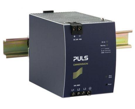 Puls XT40.241 PULS XT40.241 is a power supply unit part of the X-series, designed to function as an AC/DC PSU/converter with a semi-regulated 25% power reserve and a DC-OK relay contact output. It operates on a supply voltage of 3x360-440Vac (380Vac / 400Vac / 415Vac nominal; 47-63Hz), with a turn-ON voltage of 3 x 325Vac and a shutdown voltage of 3 x 295Vac. The unit's dimensions are W96mm x H124mm x D159mm, and it is encased in an aluminium housing with screw-clamp connections for installation. It has a rated current of 40A at 24Vdc and is designed for DIN rail mounting in a 3-phase (3AC) network. The ambient air temperature for operation ranges from -25 to +70°C. The XT40.241 has a net width of 96 mm and a peak current consumption of 4A max. inrush at 3x400Vac input. Its rated power is 24W/+60°C...+70°C (derating) 960W at 24Vdc and 1200W for a typical 15s. Protection functions include output overvoltage protection (29.9Vdc max.), active input inrush current limiter, and overload/short-circuit current protection. It supports 1+1 redundancy for higher system availability and is resistant to back-feeding loads up to 28.9V. The efficiency is rated at 0.955 with a 3x400Vac input, and it features a 400ms start-up delay, 40ms rise time with nominal input at constant full current load without load capacitance, and 70ms with 40mF load capacitance. The output voltage is fixed at 24Vdc with a 480mV turn-ON overshoot, and it has a 2ms buffer time at 3x400Vdc input. Power dissipation/losses are 45.2 W at full output load with 3x400Vdc input. Electrical durability is rated at 51000 hours at 40°C and 142000 hours at 25°C, with a 40A output and 3AC 400Vdc input. The output stage capacitance is 20000 µF, and the ripple is 1500mVpp (20Hz...2KHz; 50Ω).