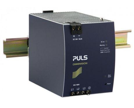 Puls XT40.362 PULS XT40.362 is a power supply unit part of the X-series, designed to convert AC to DC power with a semi-regulated 25% power reserve. It features a DC-OK relay contact output and operates on a supply voltage of 3x432-528Vac (440Vac / 480Vac / 500Vac / 525Vac nominal; 47-63Hz), with a turn-on voltage of 3 x 390Vac and a shutdown voltage of 3 x 355Vac. The unit is housed in an aluminium casing, measures W96mm x H124mm x D159mm, and uses screw-clamp connections for installation. It is rated for a current of 26.6A at 36Vdc and is designed for DIN rail mounting in a 3-phase (3AC) network. The ambient air temperature for operation ranges from -25 to +70°C. The XT40.362 has a peak inrush current consumption of 4A (at 3x480Vac input), a rated power of 960W at 36 Vdc (1200W for typ. 15s with derating applicable from +60°C to +70°C), and includes protection functions such as output overvoltage protection (42.5Vdc max.), active input inrush current limiter, and overload/short-circuit current protection. It is not suitable for parallel operation to increase output power but supports 1+1 redundancy for higher system availability. The unit is resistant to back-feeding loads up to 41.1V, has an efficiency of 0.955 (at 3x480Vac input), a start-up delay of 350ms, and a rise time of 40ms (70ms with 27mF load capacitance) at nominal input. The fixed output voltage is 36Vdc with a 700mV turn-ON overshoot, a hold time of 2.6ms at 3x480Vdc input, and power dissipation/losses of 45.2W at full output load. Its electrical durability is rated at 55000 hours (at 40°C; 26.6A output; 3AC 480Vdc input), with higher durability at reduced loads or temperatures. The output stage capacitance is 11100µF, and the ripple is 2000mVpp (20Hz...2KHz; 50Ω).