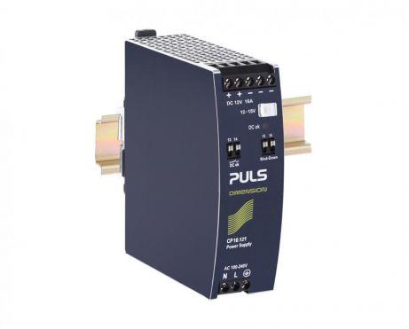 Puls CP10.121 PULS CP10.121 is a DIN rail mounting power supply unit enclosed in an aluminium housing, designed for an ambient air temperature range of -25 to +70°C. It features a net width of 39mm and dimensions of W39mm x H124mm x D117mm. The unit has a current consumption of 11A peak max. inrush at 230Vac input and 7A peak max. inrush at 120Vac input. Its efficiency rates are 0.943 at 230Vac input, 0.928 at 120Vac input, and 0.921 at 100Vac input. The CP10.121 offers a start-up delay of 240-300ms for 100-230Vac input, with rise times of 18ms and 35ms under specified conditions. It includes protection functions such as output overvoltage protection and overload/short-circuit current protection, with capabilities for series/parallel operation and resistance to back-feeding loads up to 25V. Power dissipation/losses are 11.6W at 230Vac input and 14.9W at 120Vac input, with an output stage capacitance of 5350µF. Electrical durability spans from 40,000 to 534,000 hours under various conditions. The unit exhibits a ripple of 50mVpp and includes functions like AC/DC conversion with a 20% power reserve. It is part of the CP-series, featuring ATEX approval, shutdown input, and a DC-OK relay contact output. Connection is facilitated through screw-clamp connections, supporting a supply voltage range of 88Vdc-180Vdc and 85Vac-264Vac, with a rated current of 16A at 12Vdc, and a rated power of 192W. The output voltage is adjustable between 12Vdc and 15Vdc, with a 200mV turn-ON overshoot and a hold time of 50ms.