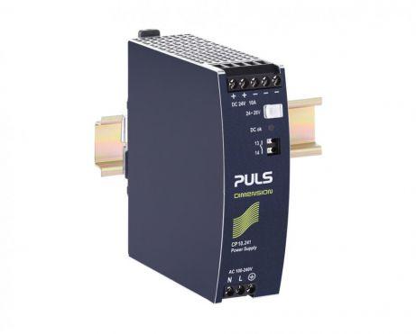 Puls CP10.241-S1 PULS CP10.241-S1 is a DIN rail mounting power supply unit housed in aluminium, designed to operate within an ambient air temperature range of -25 to +70°C. It consumes 1.13A with a 230Vac input for full output, 2.15A with a 120Vac input, 2.6A with a 100Vac input, and 2.35A with a 110Vdc input for a 24Vdc / 10A output, featuring a peak max. inrush of 11A at 230Vac input and 7A at 120Vac input. This unit offers an IP20 degree of protection and achieves an efficiency of 0.952 at 230Vac input and 0.936 at 120Vac input. Its dimensions are W39mm x H124mm x D117mm. The start-up delay ranges from 240-300ms for 100-230Vac input, with a rise time of 30ms under nominal input with a full constant current load and 0mF load capacitance, extending to 160ms with 10mF load capacitance. It includes protection functions such as output overvoltage protection, overload/short-circuit current protection, and over-temperature protection with automatic restart. The unit supports series/parallel operation for increased output voltages or power, and redundancy for higher system availability, and is resistant to back-feeding loads up to 35V. Power dissipation/losses are 12.1W at 230Vac input and 16.4W at 120Vac input with a full output load. The output stage capacitance is 4400µF. Electrical durability is rated at various hours across different conditions, with a ripple of 50mVpp at 20Hz to 20MHz. This AC/DC power supply unit offers a 20% power reserve, is part of the CP-series, and features ATEX approval, DC-OK relay contact output, and spring-clamp connections. It accepts a supply voltage of 88Vdc-180Vdc and 85Vac-264Vac, with specific tolerances for overvoltage and shutdown voltages, and provides a rated current of 12A at 48Vdc in temperatures up to +45°C, adjusting for higher temperatures. The rated power varies from 288W at -25 to +45°C to 180W at +70°C, with the output voltage adjustable between 24Vdc and 28Vdc, and a hold time of 37ms at 120/230Vac input.