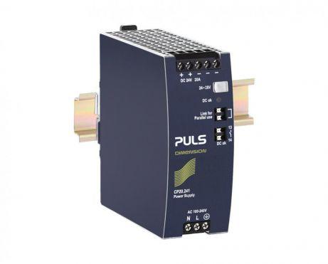 Puls CP20.241-S1 PULS CP20.241-S1 is a power supply unit designed for DIN rail mounting with an aluminium housing. It features a net width of 48 mm and operates within an ambient air temperature range of -25 to +70°C. The unit has a current consumption of 11A peak max. inrush at 230Vac input and 7A peak max. inrush at 120Vac input. Its efficiency rates are 0.956 at 230Vac input, 0.942 at 120Vac input, and 0.936 at 100Vac input. The dimensions of the CP20.241-S1 are W48mm x H124mm x D127mm. It includes a 450ms start-up delay and a rise time of 145ms to 160ms under nominal input conditions. The unit is equipped with protection functions including output overvoltage protection and overload/short-circuit current protection. It supports series and parallel operation for increased output voltages or power, and 1+1 redundancy with a redundancy module. The power dissipation/losses are 22.1 W at 230Vac input and 29.6 W at 120Vac input, with an output stage capacitance of 8500 µF. Its electrical durability ranges from 31,000 to 488,000 hours depending on the operating conditions. The ripple is 50mVpp, and it functions as an AC/DC power supply unit with a 20% power reserve. The CP-series unit has ATEX approval, a DC-OK relay contact output, and spring-clamp connections. The supply voltage ranges from 88Vdc-180Vdc for DC and 85Vac-264Vac for AC, with a rated current of 20A at 24Vdc. It is suitable for single-phase (1AC) or DC networks, has a rated power of 480W, and an adjustable output voltage of 24Vdc-28Vdc. The hold time is 32ms at 120/230Vac input.