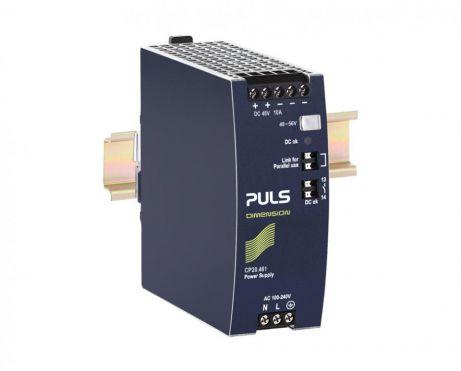 Puls CP20.481 PULS CP20.481 is a power supply unit designed for DIN rail mounting with an aluminium housing. It operates within an ambient air temperature range of -25 to +70°C and has a net width of 48mm. The unit features a current consumption of 5.5A peak max. inrush at 230Vac input and 12A peak max. inrush at 120Vac input. Its efficiency rates are 0.963 at 230Vac input, 0.95 at 120Vac input, and 0.944 at 100Vac input. The dimensions of the CP20.481 are W48mm x H124mm x D127mm. It has a 450ms start-up delay and a rise time of 120ms under nominal input with a constant full current load and 0mF load capacitance, and 170ms with 10mF load capacitance. The unit includes protection functions such as output overvoltage protection and overload/short-circuit protection, with the capability for series or parallel operation for increased output voltages or power. It is resistant to back-feeding loads up to 63V. Power dissipation/losses are 18.4W at 230Vac input and 25.1W at 120Vac input with full output load. The output stage capacitance is 2500µF. Electrical durability varies with conditions, reaching up to 509000 hours at 25°C and 5A output with 1AC 230Vac input. The ripple is 50mVpp (20Hz...20MHz; 50Ω). This AC/DC power supply unit offers a 20% power reserve and includes a DC-OK relay contact output. It features screw-clamp connections and supports a supply voltage range of 88Vdc-180Vdc and 85Vac-264Vac, with a rated current of 10A at 48Vdc, and a rated power of 480W. The output voltage is adjustable between 48Vdc and 56Vdc, with a 500mV turn-ON overshoot and a hold time of 32ms at 120/230Vac input. It is suitable for single-phase (1AC) or DC networks.