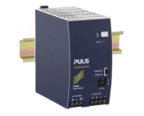 Puls CPS20.241-C1 PULS CPS20.241-C1 is a DIN rail mounting power supply unit with an aluminium housing designed for a wide range of industrial applications. It operates within an ambient air temperature range of -25 to +70°C and offers a net width of 65mm. This unit consumes current at rates of 2.33A with a 230Vac input, 4.36A with a 120Vac input, and 5.25A with a 100Vac input for full 24Vdc output, and features a peak max. inrush current of 13A at both 230Vac and 120Vac inputs. It boasts an efficiency of 0.94 at 230Vac input, 0.927 at 120Vac input, and 0.92 at 100Vac input. The CPS20.241-C1 is IP20 rated, indicating protection against solid objects larger than 12mm but not against water. It is chemically resistant with a conformal coated PCB, suitable for harsh environments. The dimensions are W65mm x H124mm x D127mm. It has a start-up delay of 850ms and rise times of 85ms and 150ms under specified conditions. The unit provides output overvoltage protection, overload/short-circuit protection, and supports series/parallel operation for increased output power. It can handle back-feeding loads up to 35V without malfunctioning. Power dissipation/losses are 30.6W, and the output stage capacitance is 7000µF. Electrical durability varies with conditions, reaching up to 475000 hours. Ripple is maintained at 50mVpp. This AC/DC converter features a 20% power reserve, is part of the C-series, and includes ATEX approval conformal coating, DC-OK relay contact output, and screw-clamp connections. It accepts a supply voltage range of 85Vac-264Vac, with specific shutdown voltages under varying loads, and provides a rated current of 20A at 24Vdc. Designed for single-phase networks, it offers a rated power of 576W under PowerBoost at ambient temperatures less than 45°C and 480W at less than 60°C. The output voltage is adjustable between 24Vdc and 28Vdc, with a 200mV turn-ON overshoot and a hold time of 26ms.