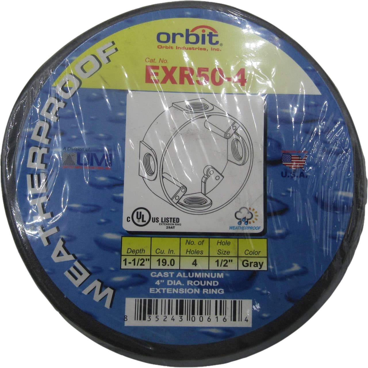 Orbit Industries EXR50-4 4" x 1-1/2", 19 Cu Inch, (4) 1/2" Hub, Gray Powder Coated, Die-Cast Aluminum, Weatherproof Box Extension Ring (16 per Pack)" EXR50-4 on Advantage Electric Supply