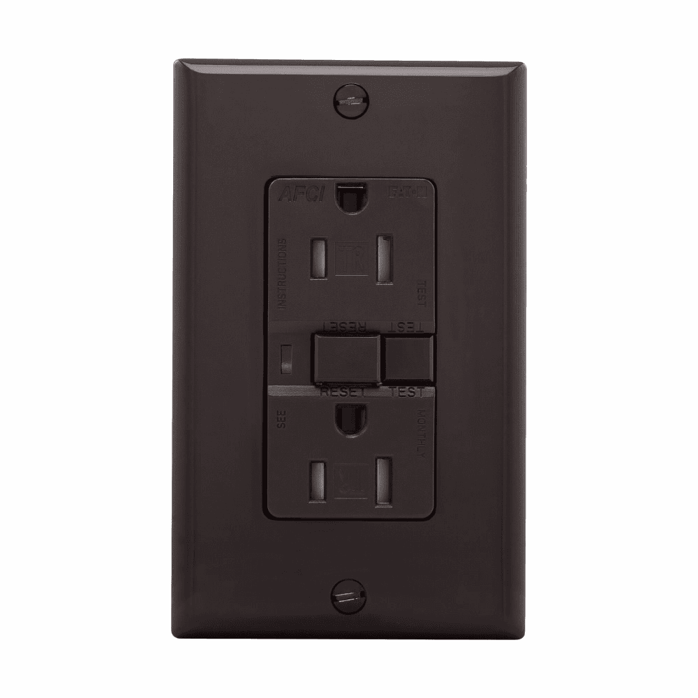 Eaton TRAFCI15B-BOX TRAFCI15B-BOX Eaton - Eaton AFCI receptacle, Visual trip indicator light, box, 15A, 125V, Back wire and side wire, AFCI, Brown, Brass, Receptacle, Tamper resistant, PVC, 5-15R, Two-pole, three-wire, grounding TRAFCI15B-BOX on Advantage Electric Supply