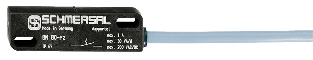 Schmersal BN 80-10Z Magnetic reed switch; Non-contact principle; 1 Reed contakts; Long life; Flat design; Actuating distance up to 60 mm depending on actuating magnet and version; 44 mm x 13 mm x 9 mm; Thermoplastic enclosure; Actuating surface marked by protrusion BN 80-10Z on Advantage Electric Supply