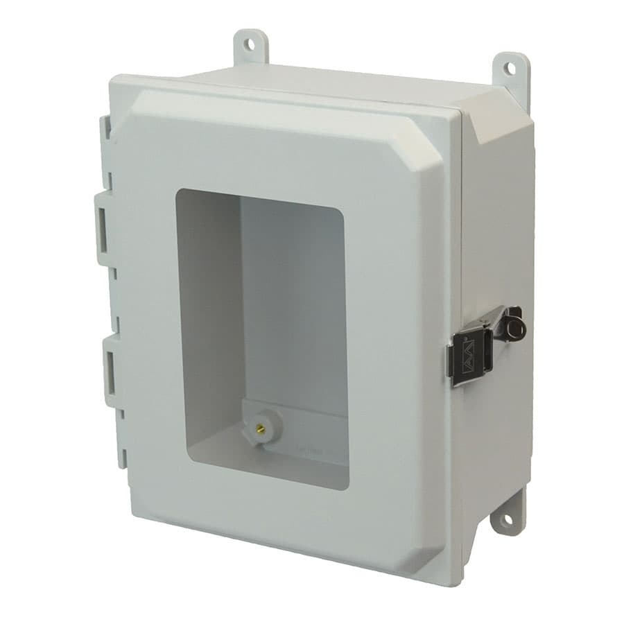 Allied Moulded Products AMU864LW 8"x6"x4" ULTRALINE® fiberglass wall mount enclosure assembly with hinged window cover and stainless-steel snap latch AMU864LW on Advantage Electric Supply
