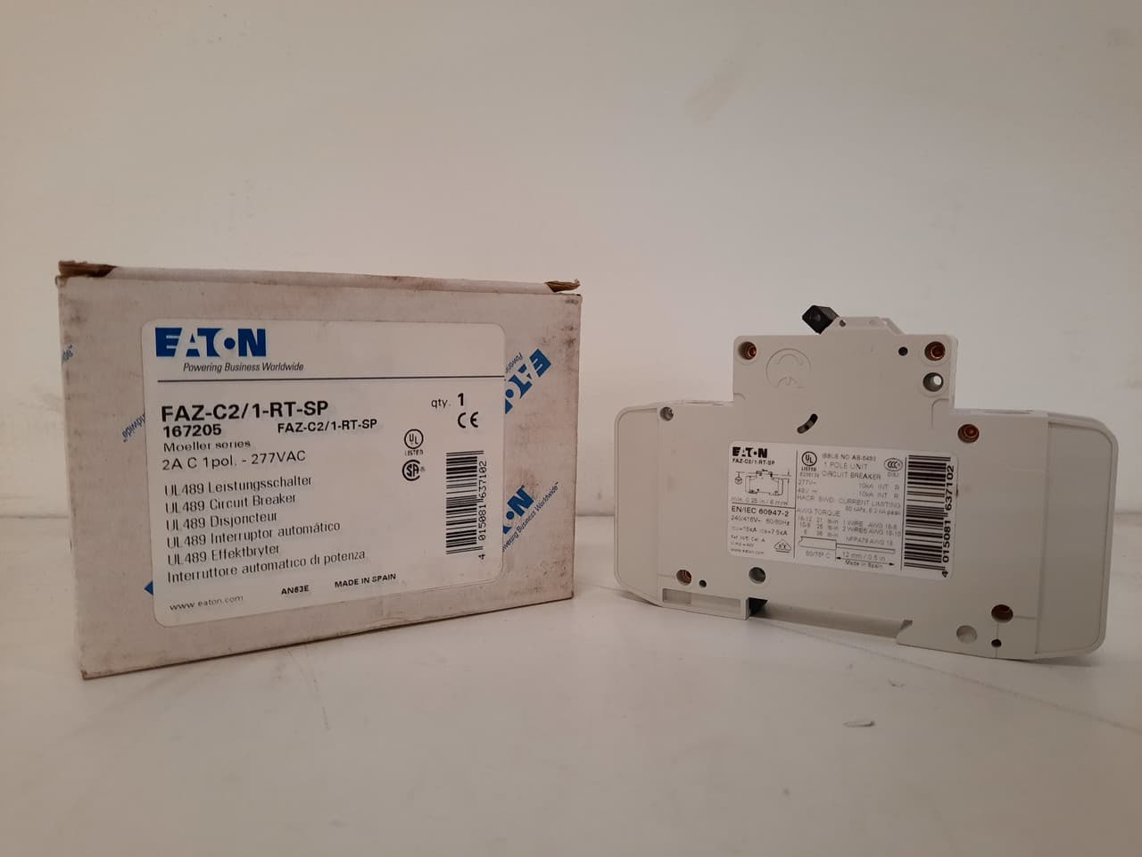 Eaton FAZ-C2/1-RT-SP 277/480 VAC 50/60 Hz, 2 A, 1-Pole, 10/14 kA, 5 to 10 x Rated Current, Ring Tongue Terminal, DIN Rail Mount, Single Packaging, C-Curve, Current Limiting, Thermal Magnetic FAZ-C2/1-RT-SP on Advantage Electric Supply