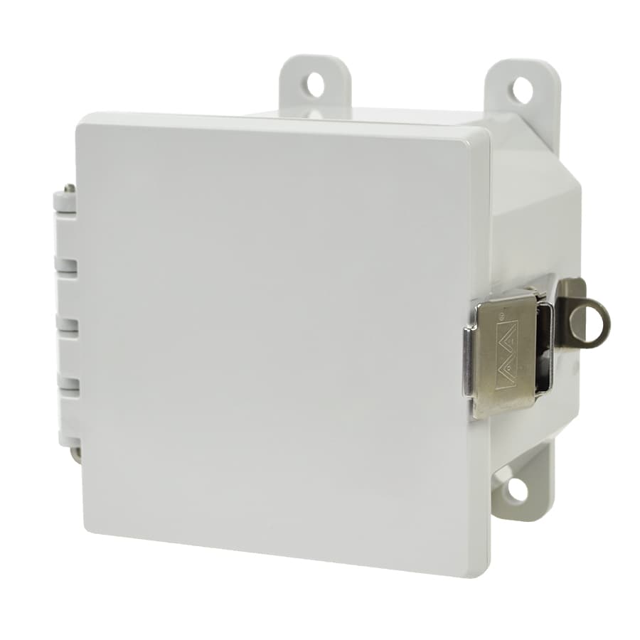Allied Moulded Products AMP443L 4"x4"x3" POLYLINE® polycarbonate wall mount enclosure assembly with hinged cover and stainless-steel snap latch AMP443L on Advantage Electric Supply