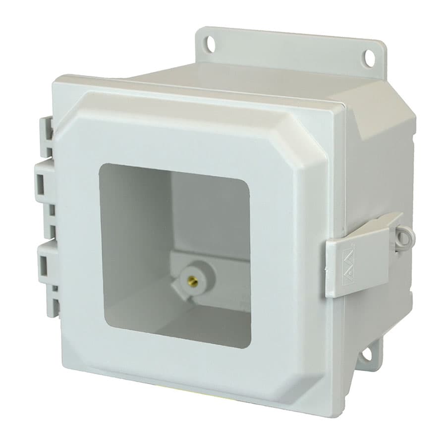 Allied Moulded Products AMU884NLWF 8"x8"x4" ULTRALINE® fiberglass wall mount enclosure assembly with hinged window cover and nonmetal snap latch AMU884NLWF on Advantage Electric Supply