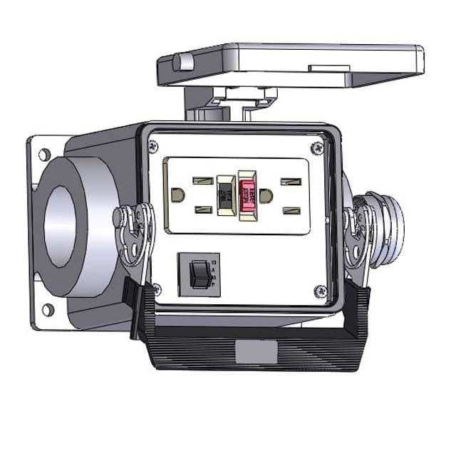 Mencom GF-10R-P32 Panel Interface Connector with GFCI Duplex outlet, and a 10amp reset, in a 32 surface mount housing GF-10R-P32 on Advantage Electric Supply