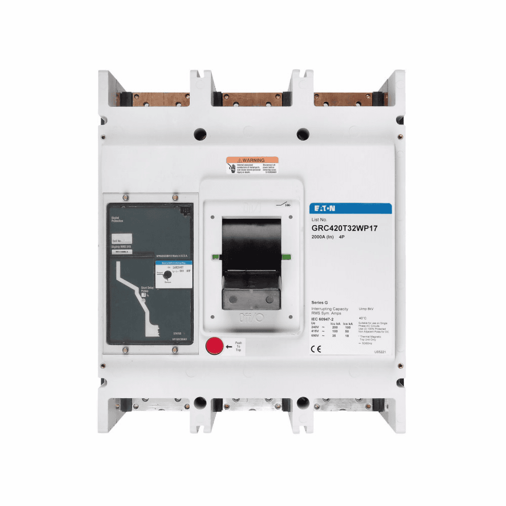 Eaton GRC425T32PWP38 GRC425T32PWP38 Eaton - Eaton Series G electronic molded case circuit breaker, RG-frame, GR, Complete breaker, Digitrip 310 RMS, Electronic LSI trip, Four-pole, 2500A, 600 Vac, 100 kAIC at 415 Vac, Without terminals, 100% protected neutral pole, 2500A rating plug GRC425T32PWP38 on Advantage Electric Supply