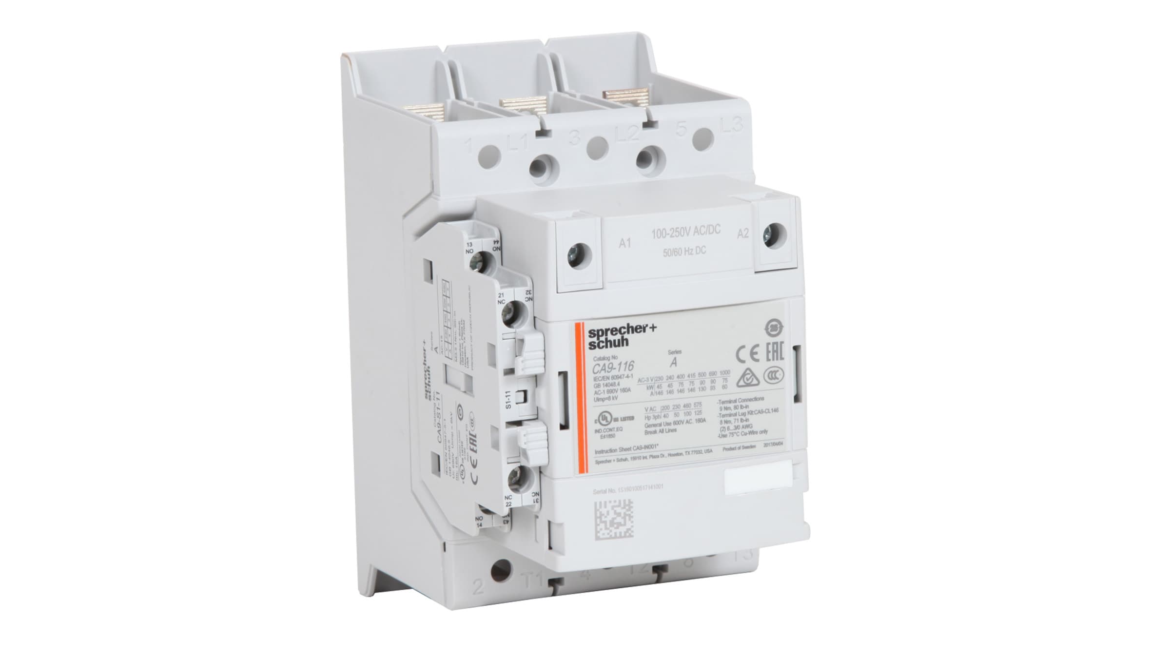 Sprecher + Schuh CA9-146-11-120W Sprecher + Schuh CA9-146-11-120W - CA9 Contactor, 146A, 100-250V 50-60 Hz AC/DC, 1NO1NC CA9-146-11-120W on Advantage Electric Supply