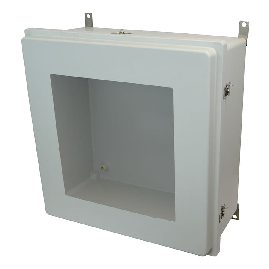 Allied Moulded Products AM24248RTW 24"x24"x8" Control Series fiberglass wall mount enclosure assembly with raised hinged window cover and stainless-steel twist latches AM24248RTW on Advantage Electric Supply