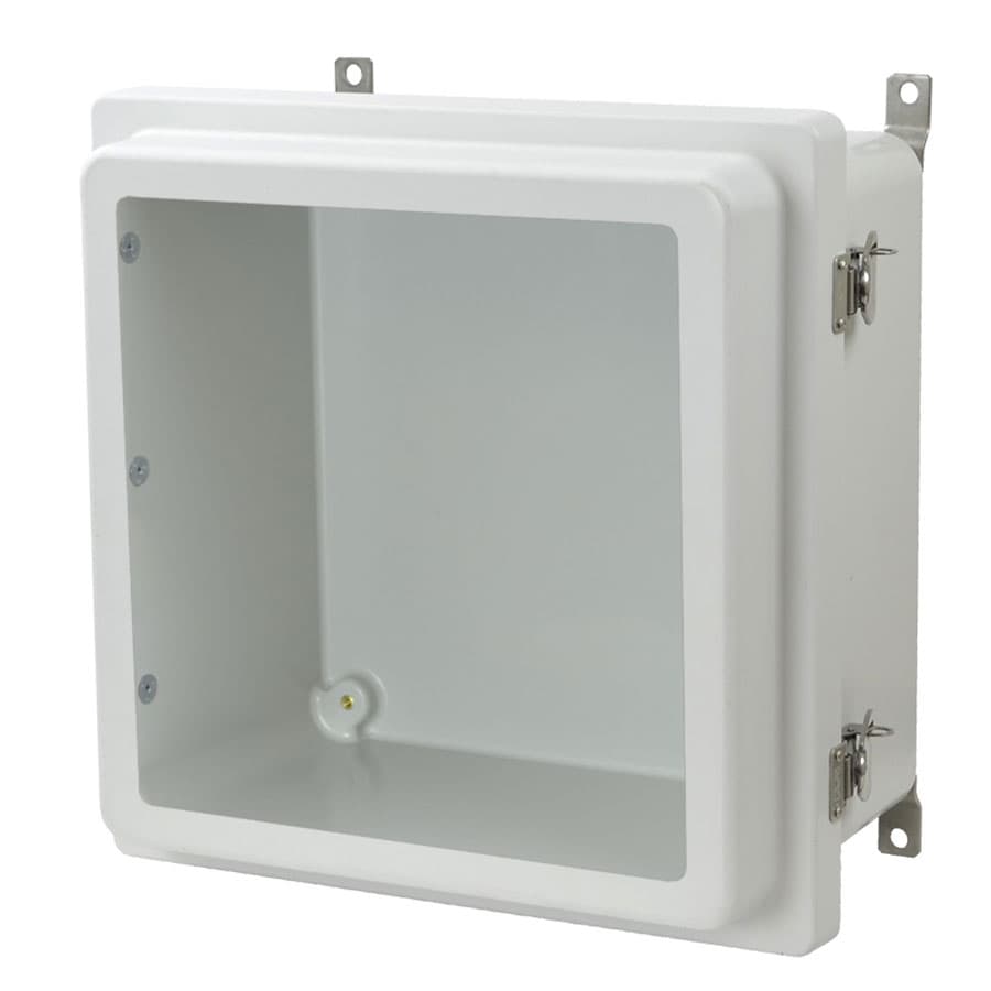 Allied Moulded Products AM1226RTW 12"x12"x6" AM-R Series fiberglass wall mount enclosure assembly with raised hinged window cover and stainless-steel twist latch AM1226RTW on Advantage Electric Supply