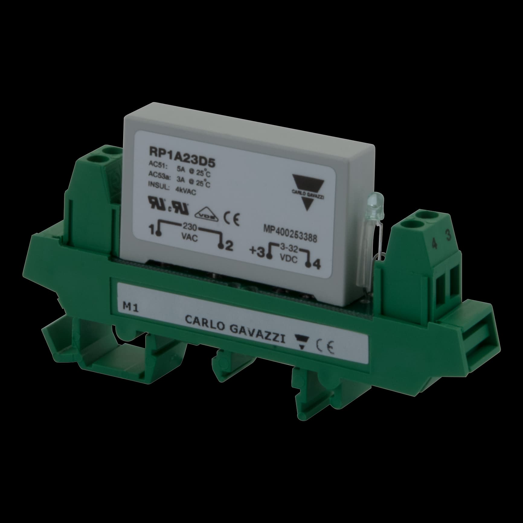 Carlo Gavazzi RP1A23D5M1 1-pole PCB mount SSR with DIN adaptor and LED, Zero-cross switching, Operating voltage (Ue): 12 - 265 Vac (650 Vp), Rated current (Ie): 5 Aac, Control voltage (Uc): 5 - 34 Vdc RP1A23D5M1 on Advantage Electric Supply