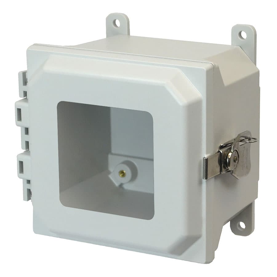 Allied Moulded Products AMU664TW 6"x6"x4" ULTRALINE® fiberglass wall mount enclosure assembly with hinged window cover and stainless-steel twist latch AMU664TW on Advantage Electric Supply